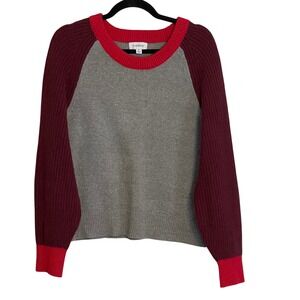 Evereve Womens Colorblock Raglan Sweater Grey Burgundy Red Crew Neck Size M